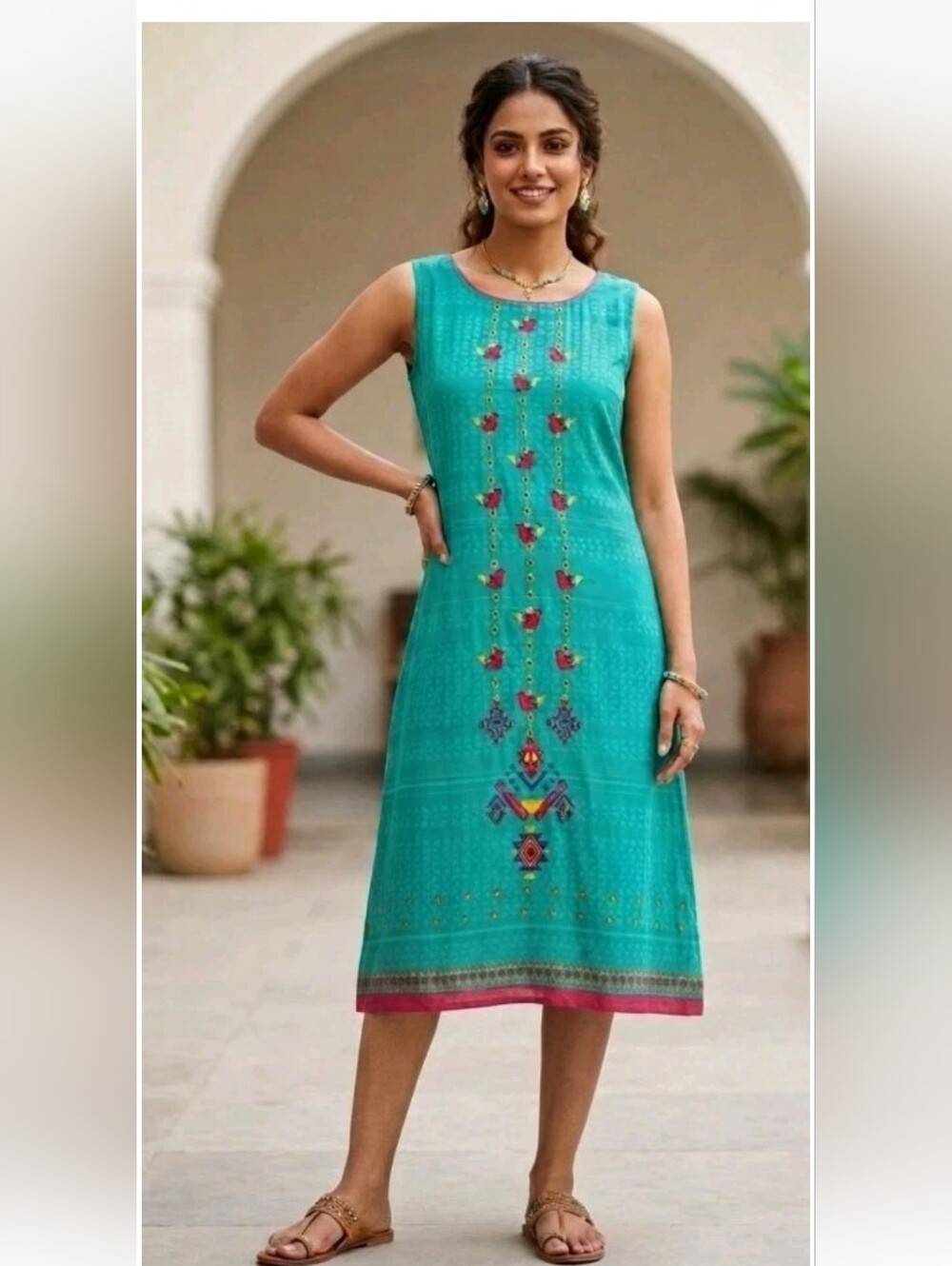 Ateesa Kurta Sleeveless Midi Green Red Gold Bird Geometric Beach Flowy Cotton M